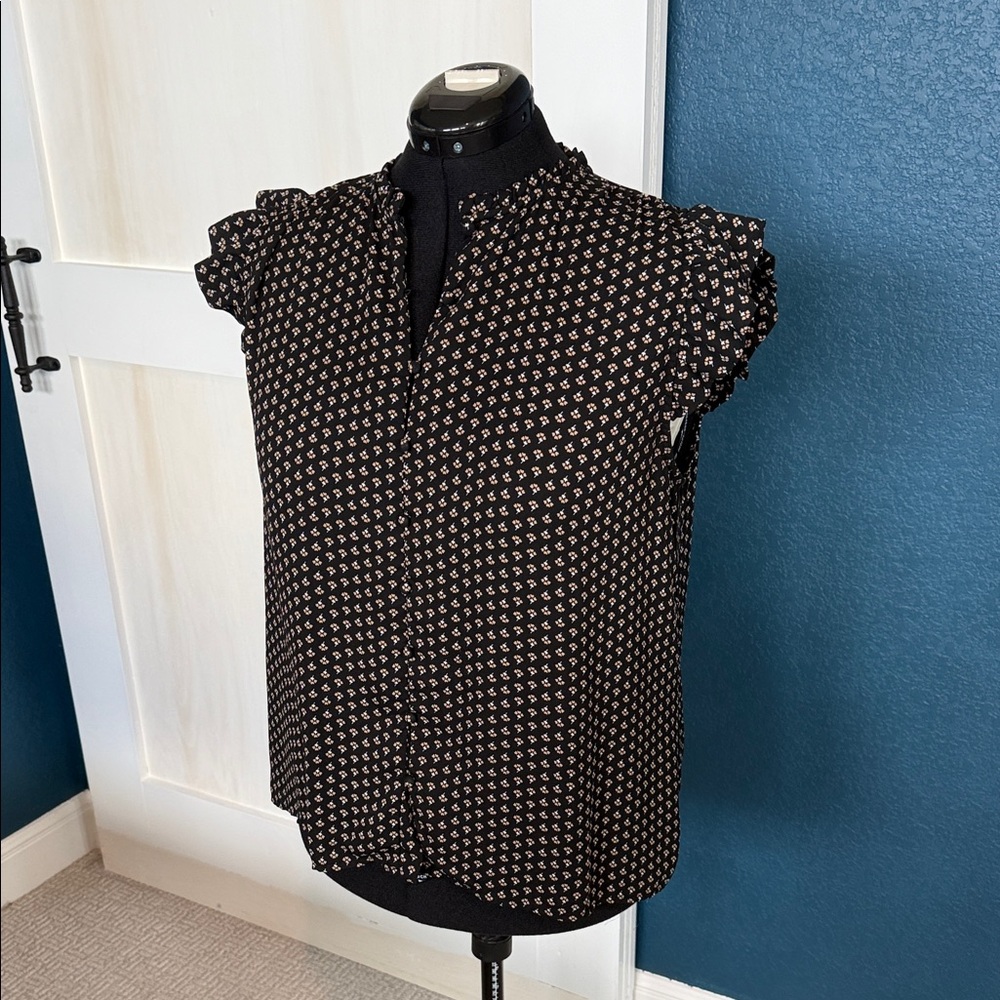 Ann Taylor Black Blouse with Cream Geometric Print